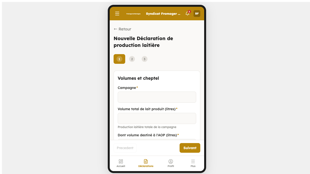 Déclaration de production laitière sur mobile